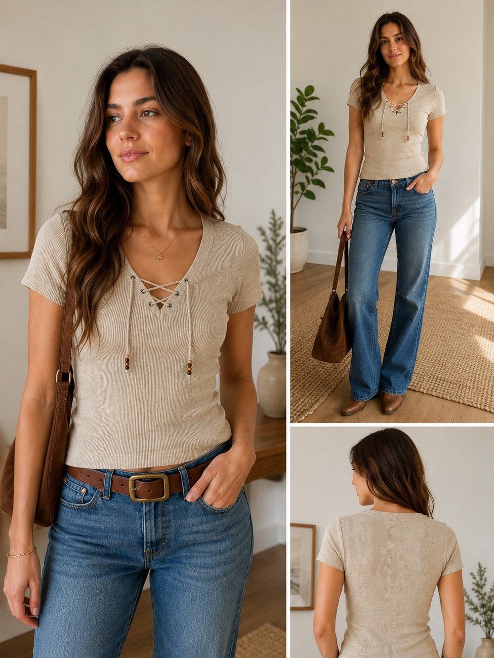 Lauren Ralph Lauren Ribbed Lace Up Top Beige Cotton Boho Western Tee Size Small